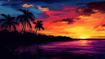 Obraz premium Vibrant Sunset Over Tropical Palms And Calm Water