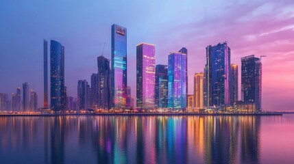 Fototapeta premium An urban skyline at dusk with colorful lights reflecting off glass buildings