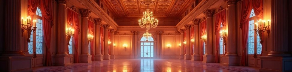 Obraz premium Grand ballroom with intricately carved ceiling, candelabras, crystal