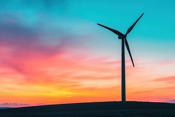 Obraz premium Sunset Casts Vibrant Colors Behind Wind Turbine Silhouette Highlighting Renewable Energy in the Landscape