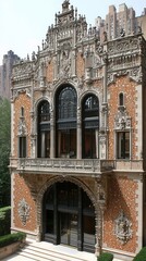 A grand, multi-story building features an expansive balcony adorned with elegant railings, offering a stunning view of the surrounding landscape, perfect for relaxation and gatherings.