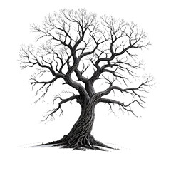 "Intricate Black and White Illustration of a Leafless Tree with Detailed Branches and Roots"