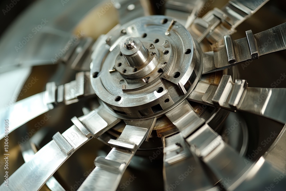 Poster assembling turbine blades and securing them to the central hub for efficient energy production in th