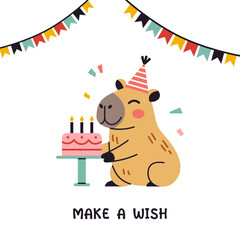 Vector happy birthday greeting card with make a wish text. Poster with cute capybara and bunting flags in flat design. Festive postcard. Greeting card illustration with cute capybara.