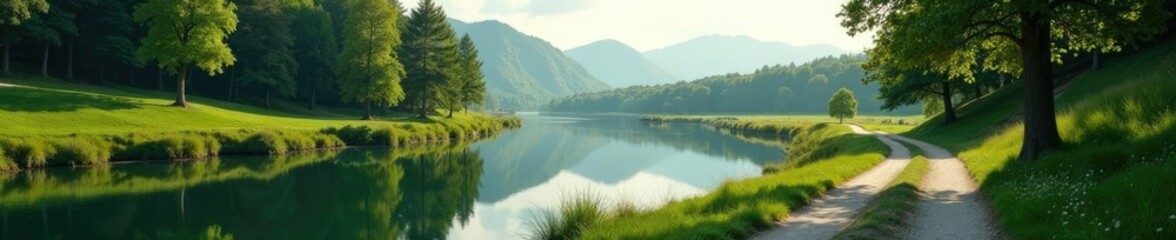 Naklejka premium peaceful riverbank scene with a few trees and a winding path, trees, vegetation