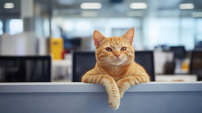 Confident ginger cat perched elegantly on an office partition divider