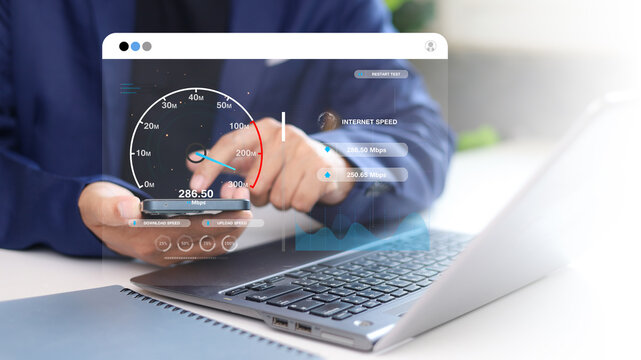 Fast internet connection with Metaverse technology concept, Programmer people working laptop with Virtual screen of Internet speed measurement, Internet and technology concept, 6G High-speed internet
