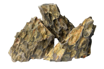 Stacked dragon stone rocks with jagged edges and natural color variations isolated on transparent background. PNG transparency	