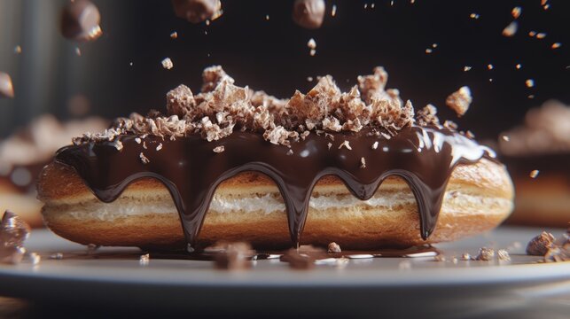 Fresh baked Ã©clairs with chocolate ganache topping, creamy and rich, ultra-detailed, 8k
