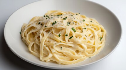 A plate of creamy fettuccine Alfredo garnished with parsley and Parmesan