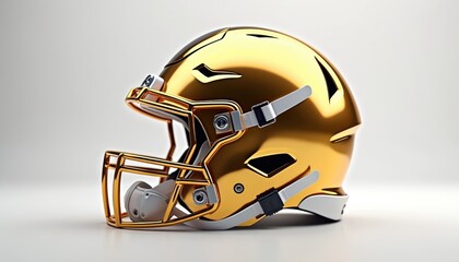 Fototapeta premium Modern gold American football helmet isolated on white background. Sport protective headgear with face mask, white stripes and gold shell. Professional equipment for player safety. Head protection.