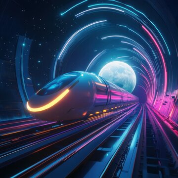 A futuristic hyperloop train traveling through a glowing moonlit tunnel, neon reflections bouncing off the smooth metallic surfaces ar 16:9 v 6.1 q 2