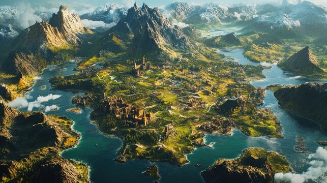 An illustrated map of a fictional land with vibrant landscapes and landmarks