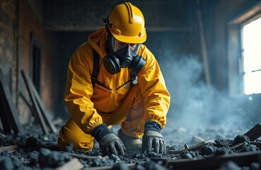 Professional in yellow protective suit inspects fire damage in charred interior. Scene conveys urgency, need for safety. Firefighter wearing safety equipment examines burnt debris after incident.