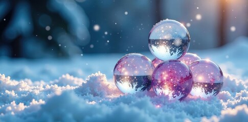 Snowflakes and icicles create a frozen scenery around stacked crystal balls, cold colors, winter, frosty