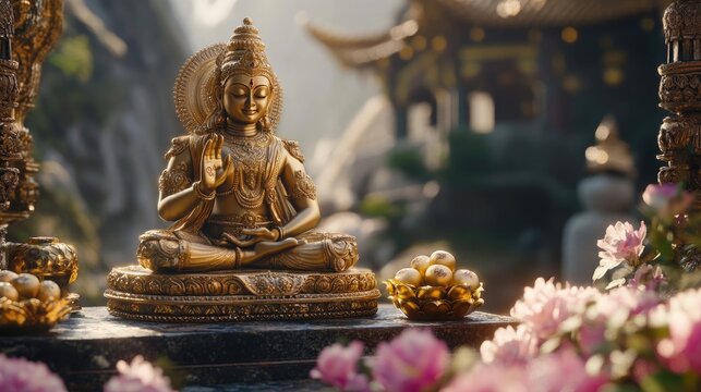 An elegant display of the Kubera Mudra alongside symbolic representations of abundance