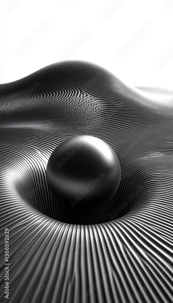 Poster black waves and lines converge on a sphere, abstract background with minimalist design elements.