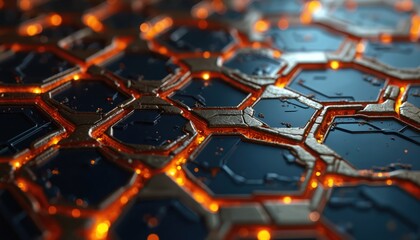 Abstract metal concept wallpaper background. Hexagonal seamless cells pattern with orange glow inside. Futuristic tech honeycomb texture. Can be used as wallpaper or decorative element.