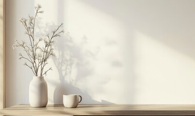 Vase with Dried Flowers and Coffee Cup on Wooden Shelf in Sunlight