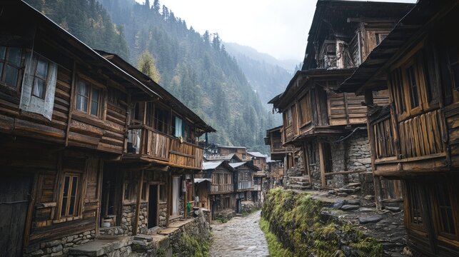 An artistic shot of traditional wooden houses in Malana, reflecting the unique architecture of the region
