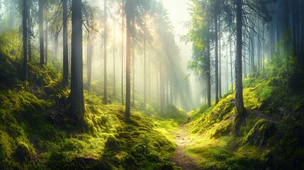 Fototapeta premium Sunlit Forest Path Through Misty Woods