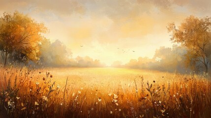 A dreamy autumn meadow at sunrise, bathed in warm