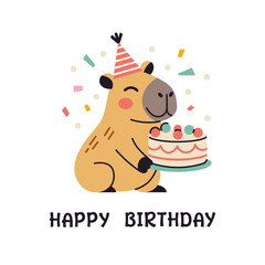 Vector happy birthday greeting card with capybara. Poster with cute happy capybara with birthday cake in flat design. Greeting card illustration with cute capybara. Festive postcard.
