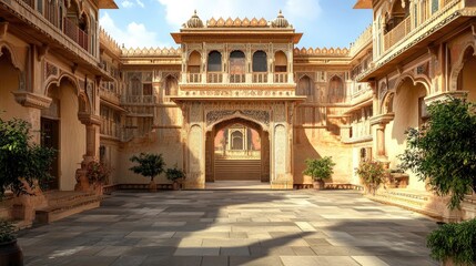 Fototapeta premium An artistic perspective of the havelia??s entrance, highlighting its intricate design