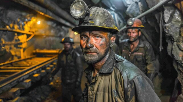 Group of Coal Miners Working in Dusty Underground Tunnel