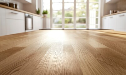 Fototapeta premium Wood Kitchen Countertop with Modern White Cabinets and Bright Window Background