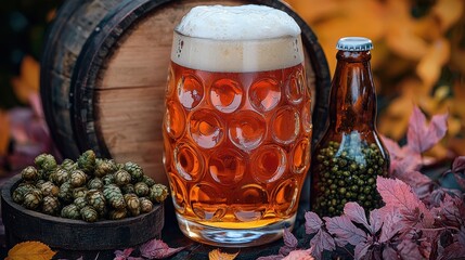 A frosty glass of golden beer sits invitingly on a rustic wooden table, beside a weathered barrel filled with fresh, green hops, exuding a rich, earthy aroma.