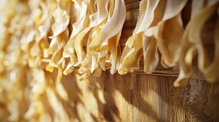 Fresh homemade pasta drying on wooden rack, traditional and artisanal, culinary craftsmanship, ultra-detailed, 4k