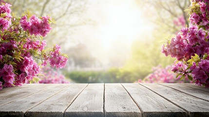 Pink Azaleas Blooming in Spring Sunlight Wooden Tabletop Background