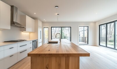 Modern Kitchen Interior with Island Sink and Bright Light From Windows