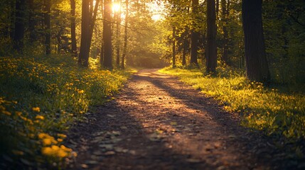 Obraz premium Sunlit Forest Path with Yellow Flowers
