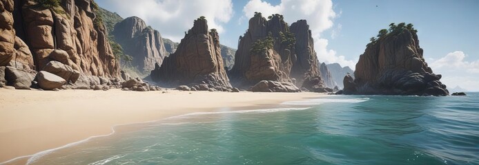 Oceanic landscape with a sandy beach and rocky outcroppings, ocean scenery, rocky outcropping, oceanic landscape, sandy beach, rugged coastline