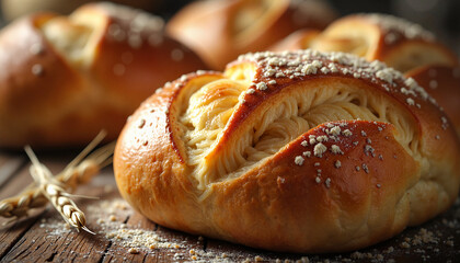 Freshly baked golden brioche loaf on rustic wooden table, culinary delight