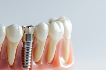 High quality dental implant close up on white background highlighting metal texture with space for text positioning Generative AI