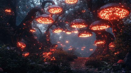 Glowing mushrooms illuminated a mysterious pathway through a forest scene