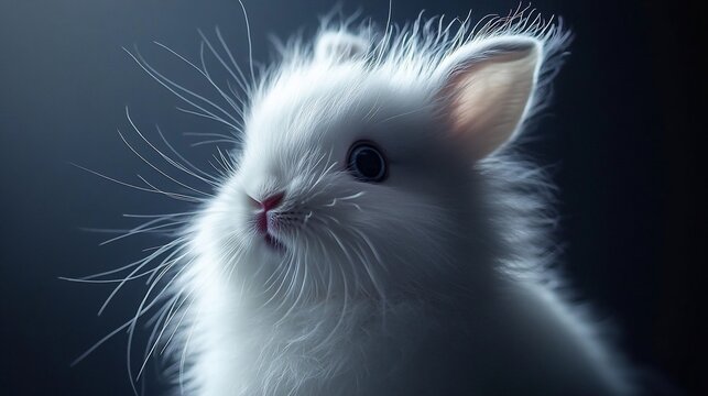 Fototapeta Fluffy white bunny, curious gaze, dark background