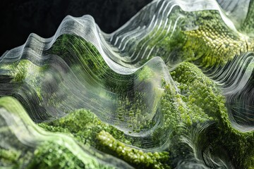 Fusion of Organic and Synthetic Elements Illustrating the Relationship Between Nature and Technology Through Flowing Wave Forms in Vibrant Colors