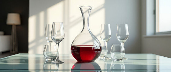 Single Large Decanter of Red Wine on a Modern Glass Table