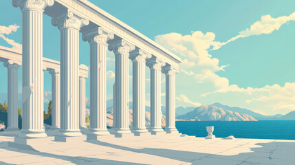 Fototapeta premium Ancient Greek columns overlooking serene landscape