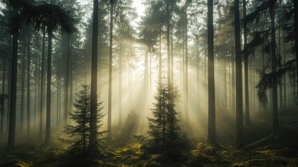 Fototapeta premium Sunlight streams through tall trees in a foggy woodland setting