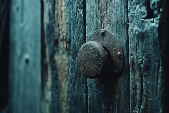 Rusty door knob on weathered wooden planks