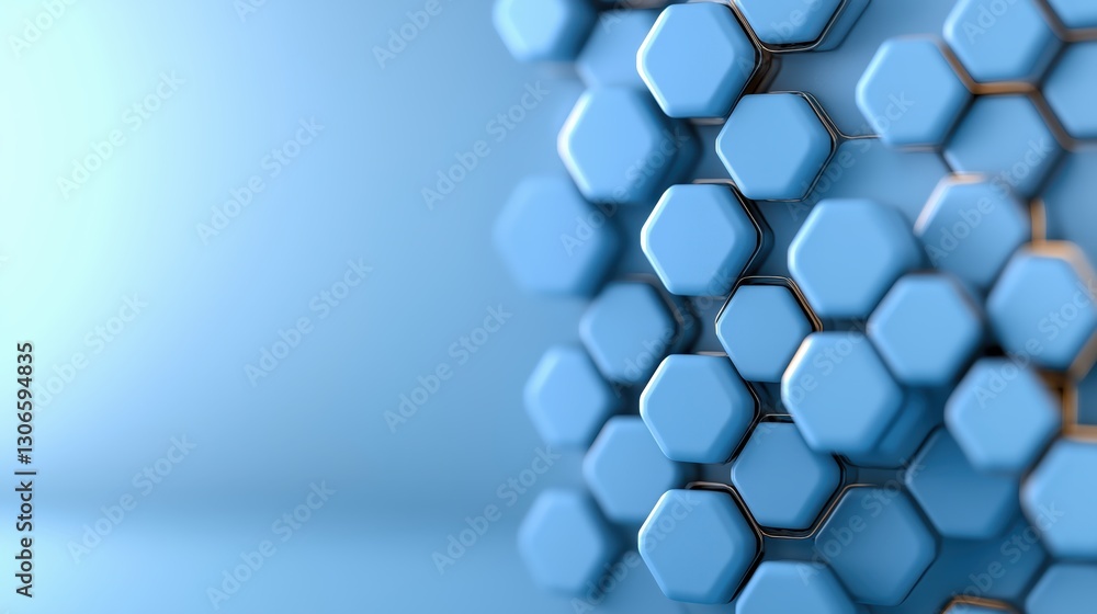 Poster hexagonal pattern design in blue tones on a clean light background featuring ample copyspace for pro