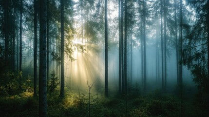 Fototapeta premium Sunbeams penetrate through the misty trees in a dense forest