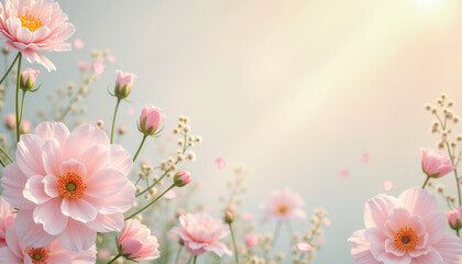 Beautiful pastel pink flowers in full bloom with soft sunlight and a dreamy, blurred background. Perfect for nature, spring, and floral-themed designs.