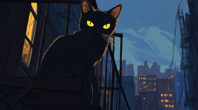 Black Cat Cityscape Dusk