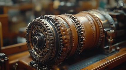 Obraz premium Close-up of intricate vintage machinery; leather and metal components; detailed gears and mechanisms; industrial heritage; steampunk aesthetic.